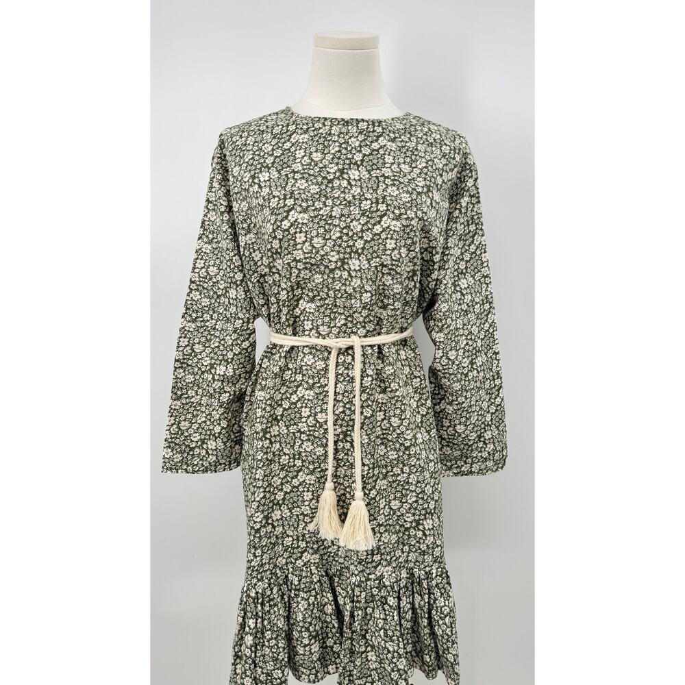 The Great. Ivory Green Floral Shift Dress Linen Oversized Cottagecore Mini S 1